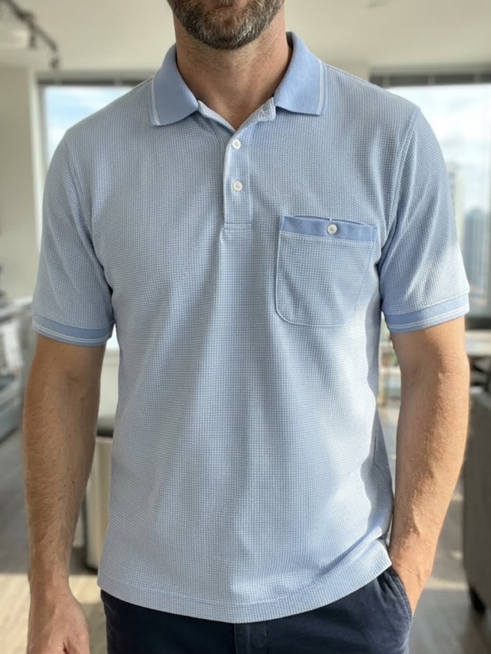 Men's Light Blue Pique Polo with Chest Pocket